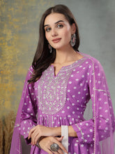 Women's Purple Bandhani Printed & Embroidered Rayon Pleated Kurti with Dhoti Pant & Dupatta Set-KPDPURPLEINK